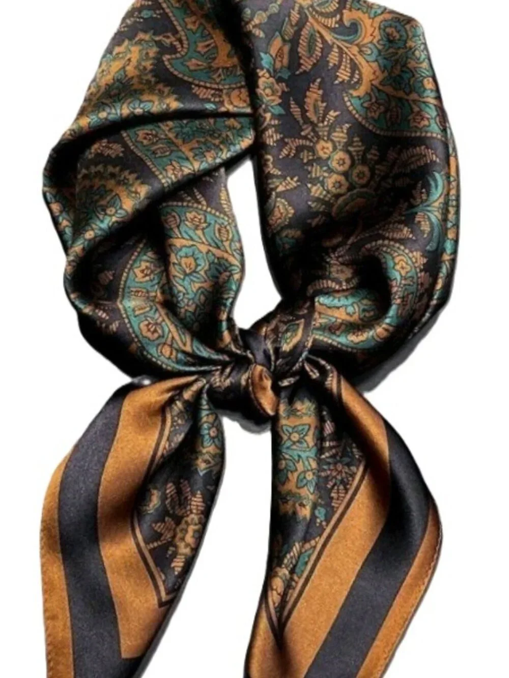 BLACK Gold Teal PAISLEY Poly-Silk 27” Square SCARF by ORNAMENTS